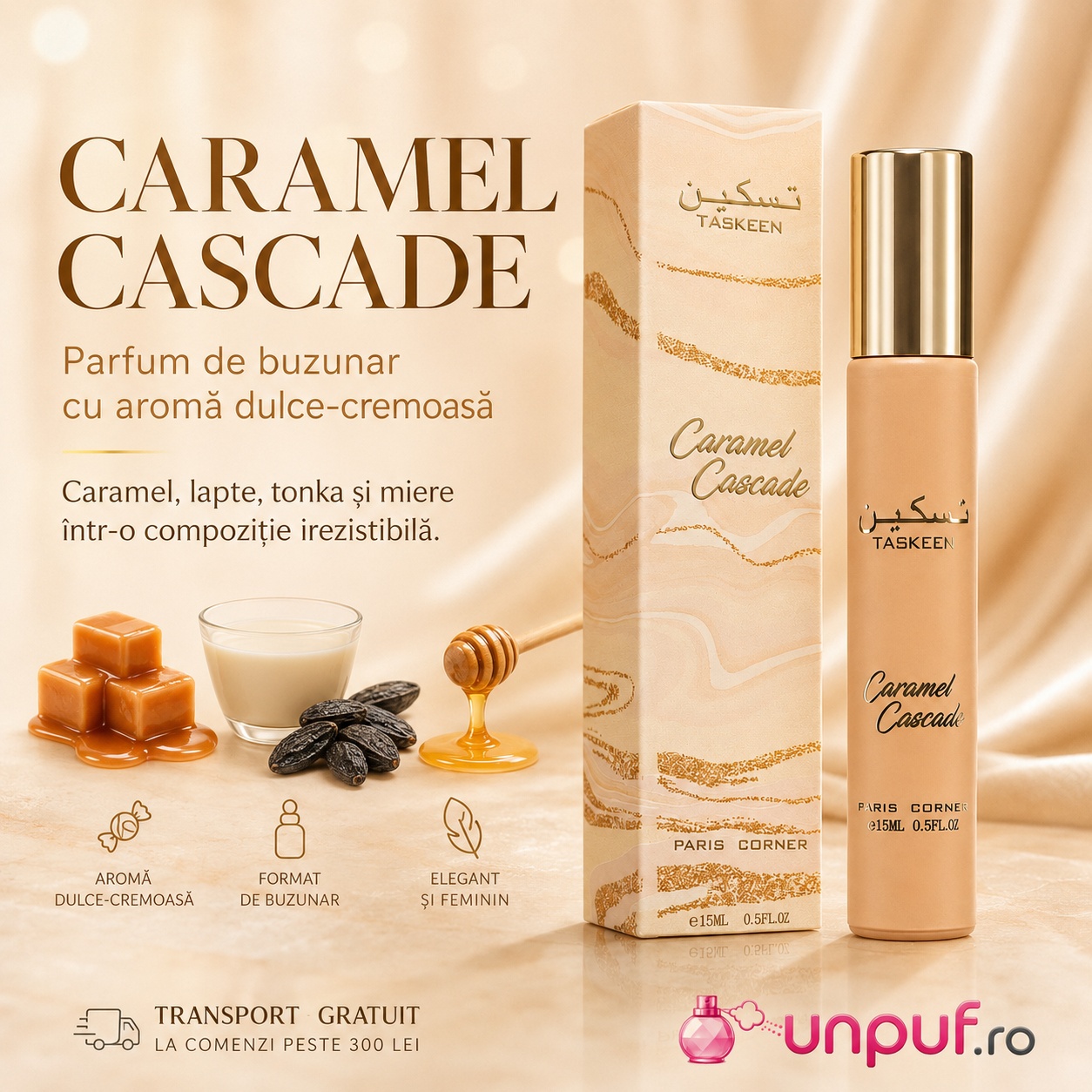 Taskeen Caramel Cascade Paris Corner inspirat din Bianco Latte parfum de buzunar dulce cremos cu caramel lapte tonka și miere