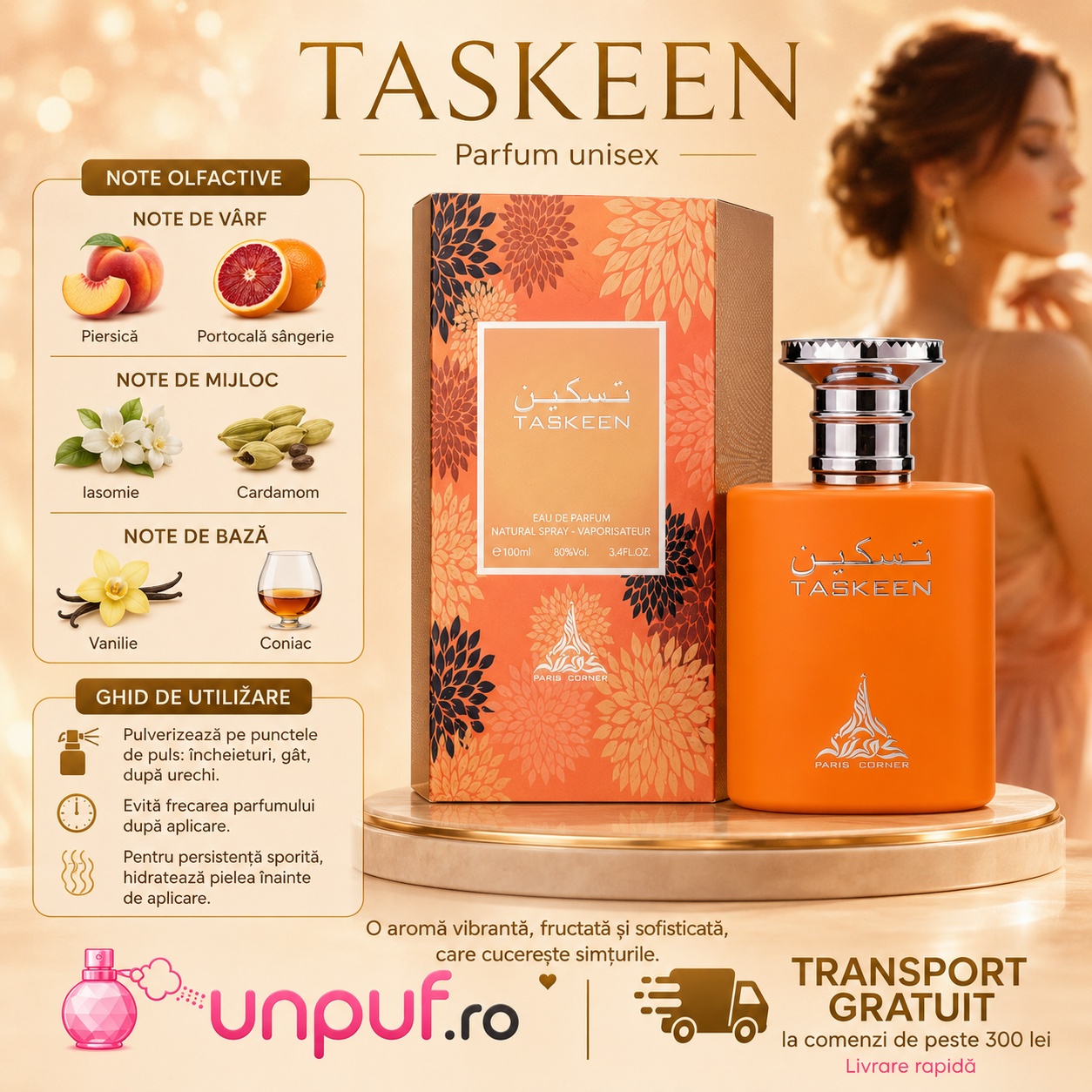 Taskeen Paris Corner parfum unisex cu note olfactive și ghid de utilizare