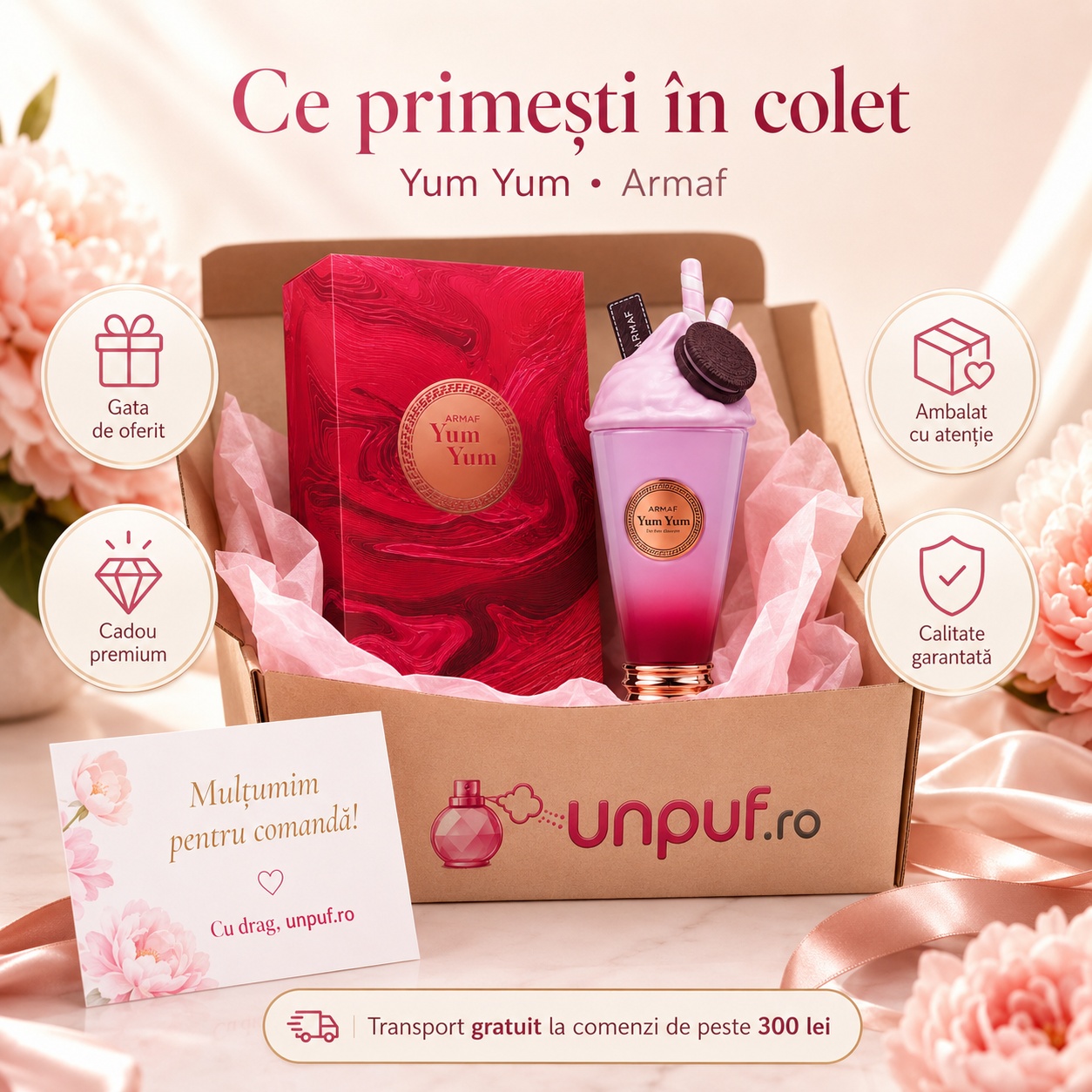 Ce primești în colet Yum Yum Armaf 100 ml, parfum original ambalat cu atenție
