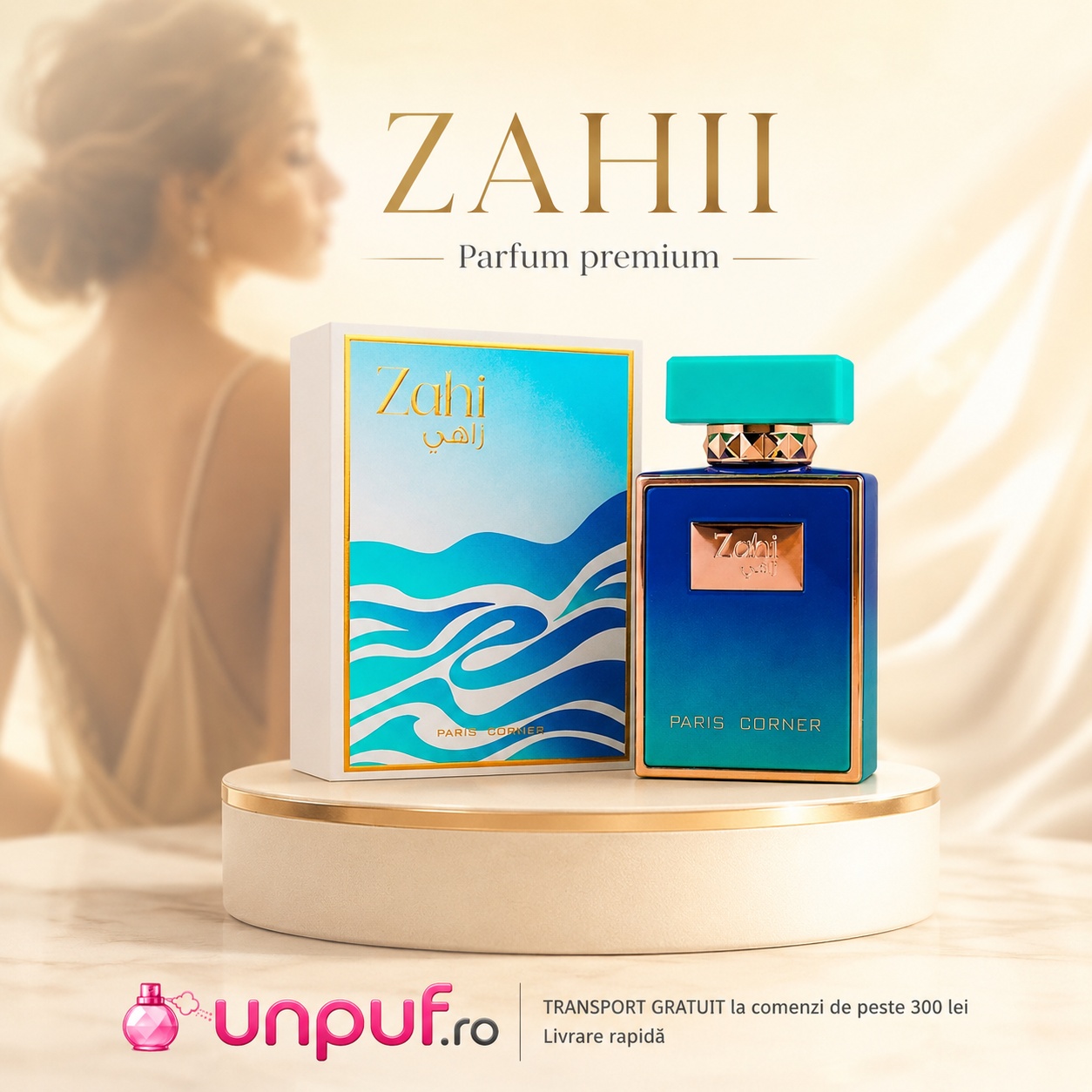 Zahi Paris Corner parfum premium de damă cu sticlă albastru turcoaz și cutie elegantă