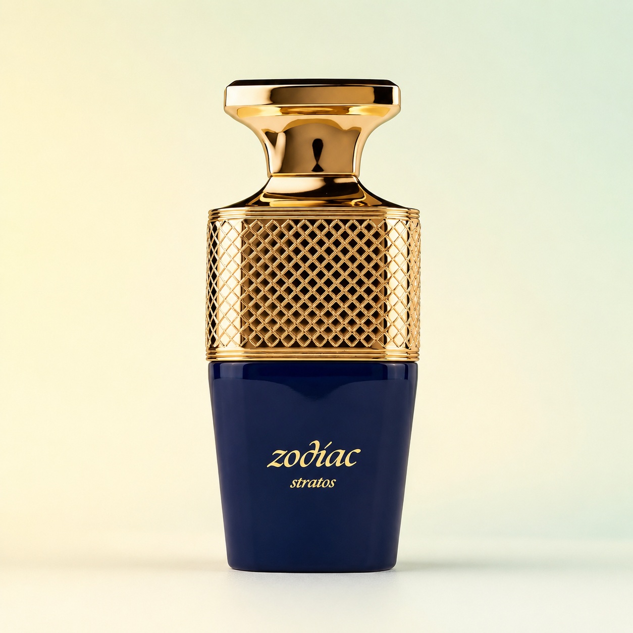 Sticlă parfum Zodiac Stratos Paris Corner 100 ml albastru intens cu capac auriu și detalii luxoase