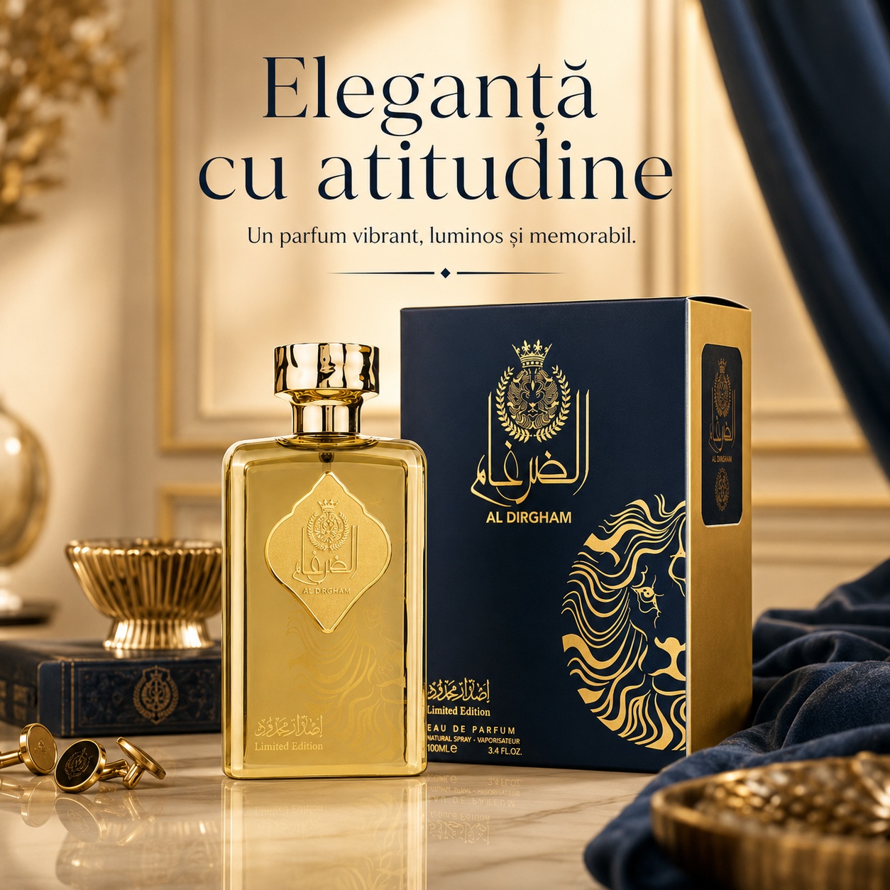 Ard Al Zaafaran Al Dirgham Limited Edition design albastru auriu elegant și prezentare luxury