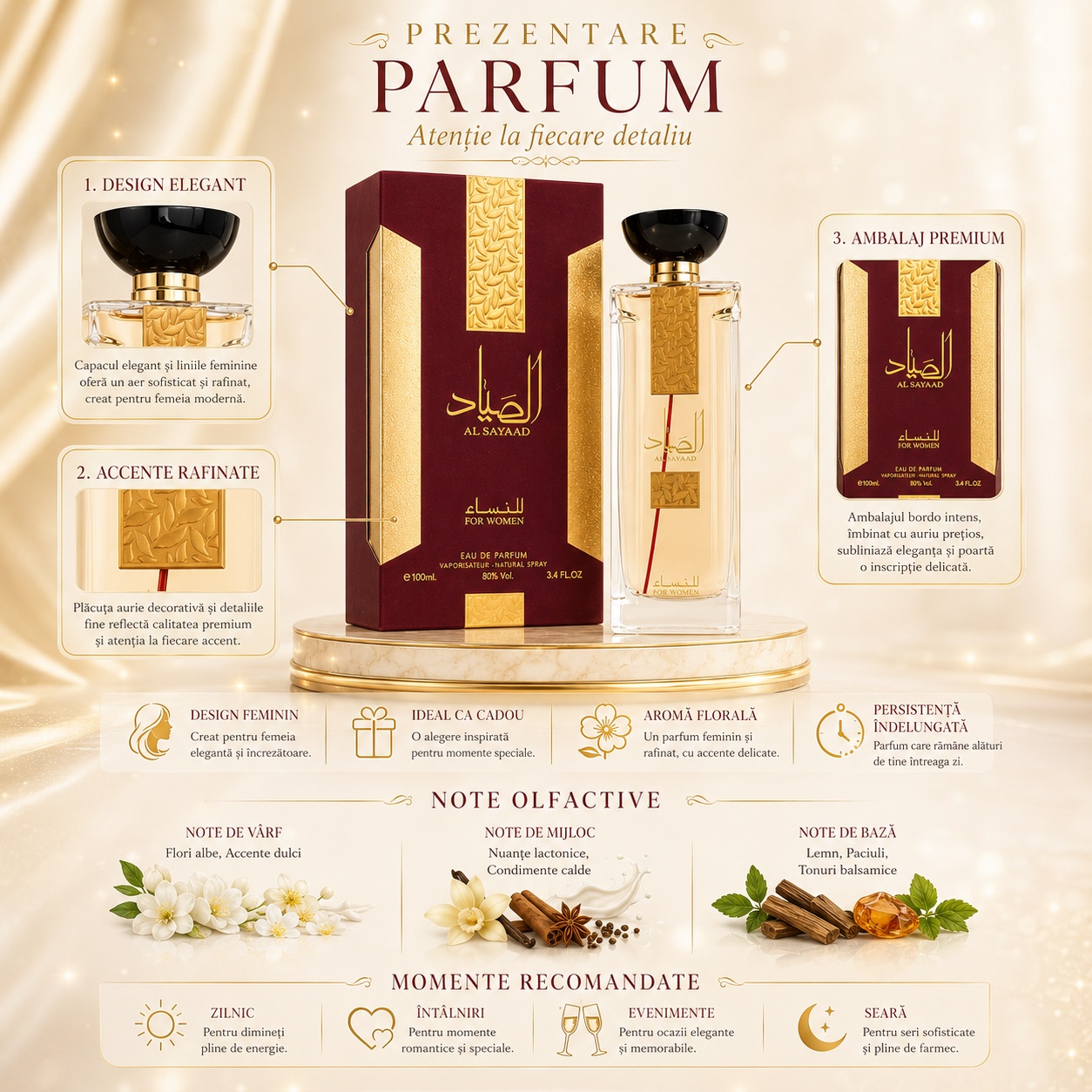 Prezentare parfum Al Sayaad Women Ard Al Zaafaran cu design elegant, note olfactive, momente recomandate și persistență &icirc;ndelungată