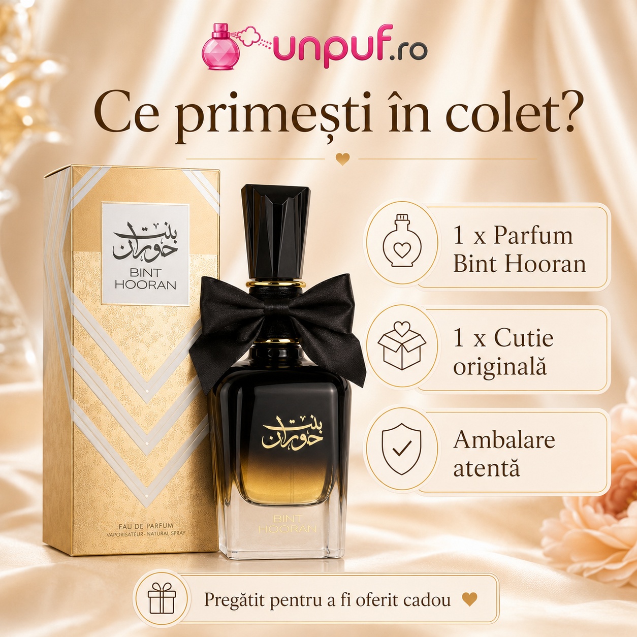 Ce primești &icirc;n colet Bint Hooran Ard Al Zaafaran parfum 100 ml, cutie originală și ambalare atentă