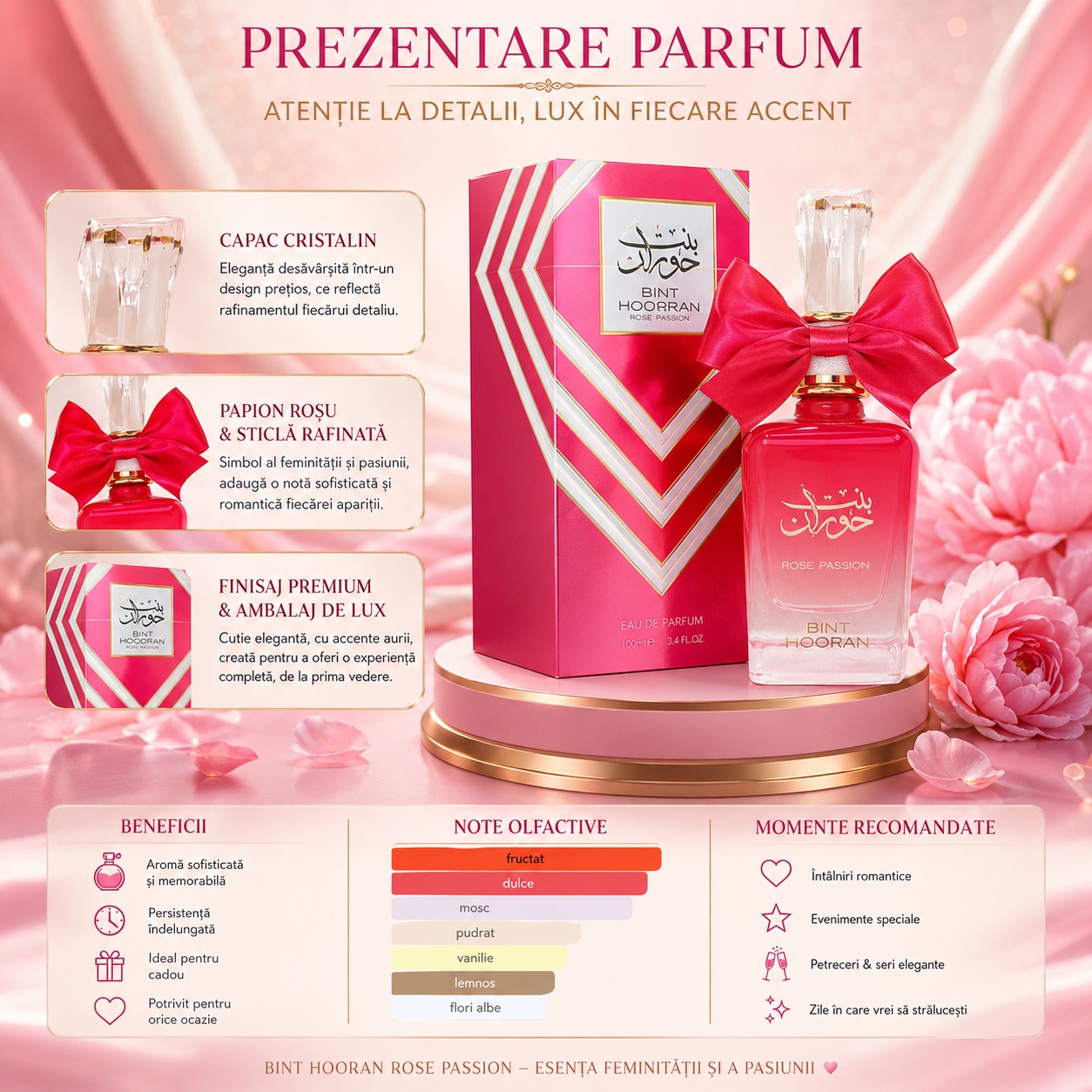 Prezentare parfum Bint Hooran Rose Passion cu detalii premium, beneficii și note olfactive