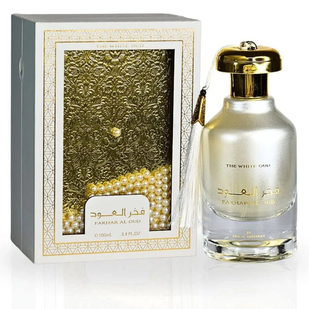 Flacon original Fakhar Al Oud Intense White Ard Al Zaafaran 100 ml cu cutie albă aurie și parfum perlat elegant