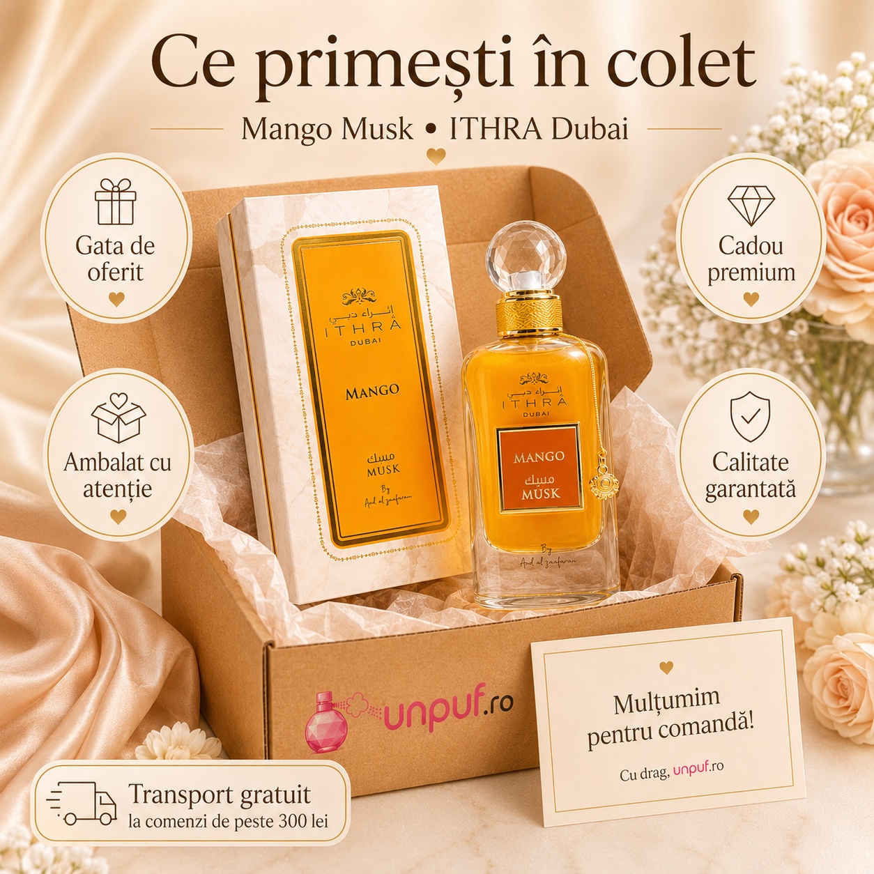 Ce primești &icirc;n colet Ithra Mango Musk Ard Al Zaafaran 100 ml parfum ambalat cu atenție pentru cadou premium