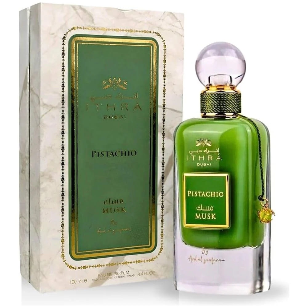 Cutie originală Ard Al Zaafaran Ithra Pistachio 100 ml parfum arăbesc unisex cu design verde crem și detalii aurii
