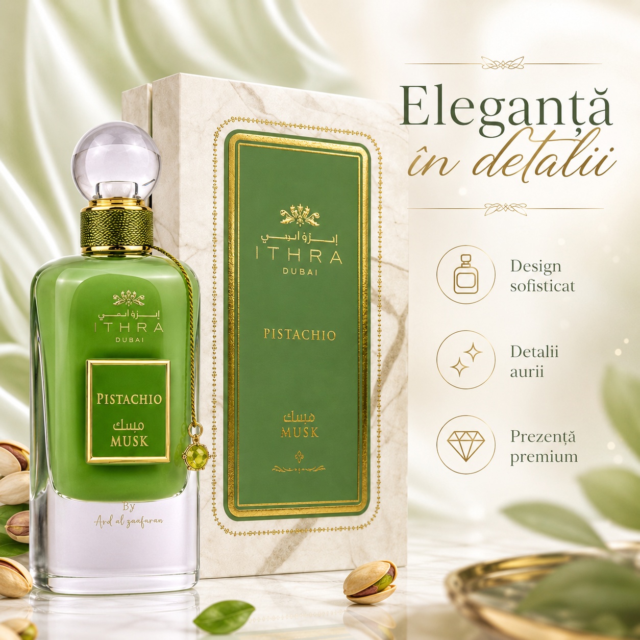 Ithra Pistachio Ard Al Zaafaran parfum arăbesc cu design sofisticat, detalii aurii și prezență premium