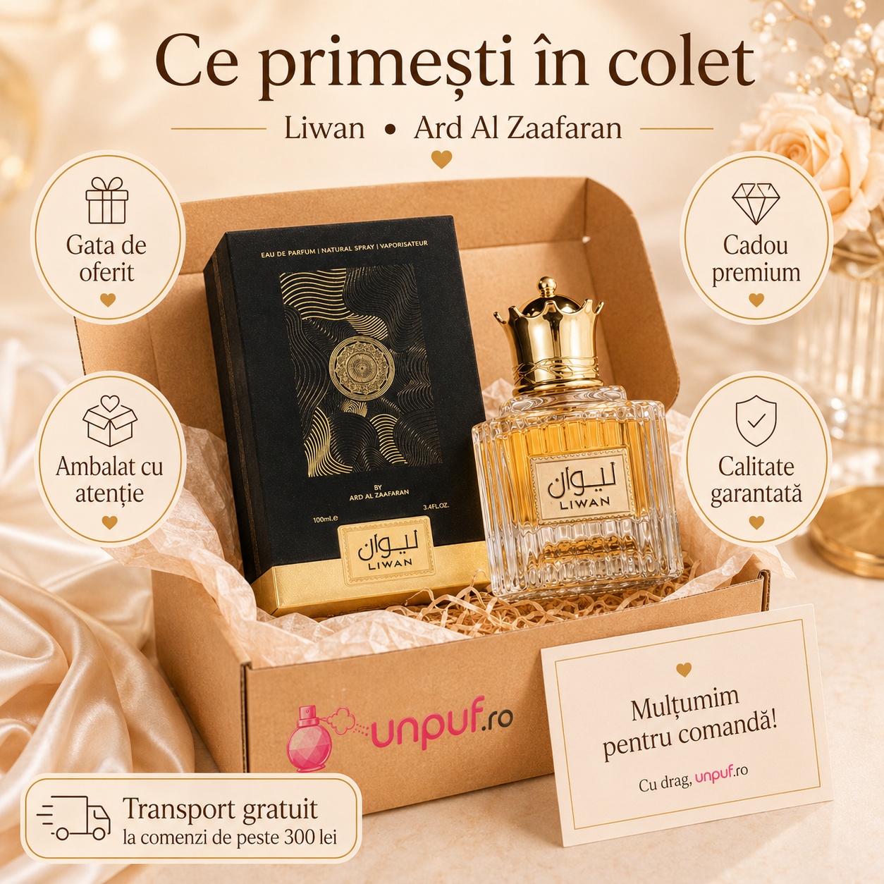 Ce primești &icirc;n colet Liwan Ard Al Zaafaran 100 ml parfum original, cutie premium și ambalare atentă pentru cadou