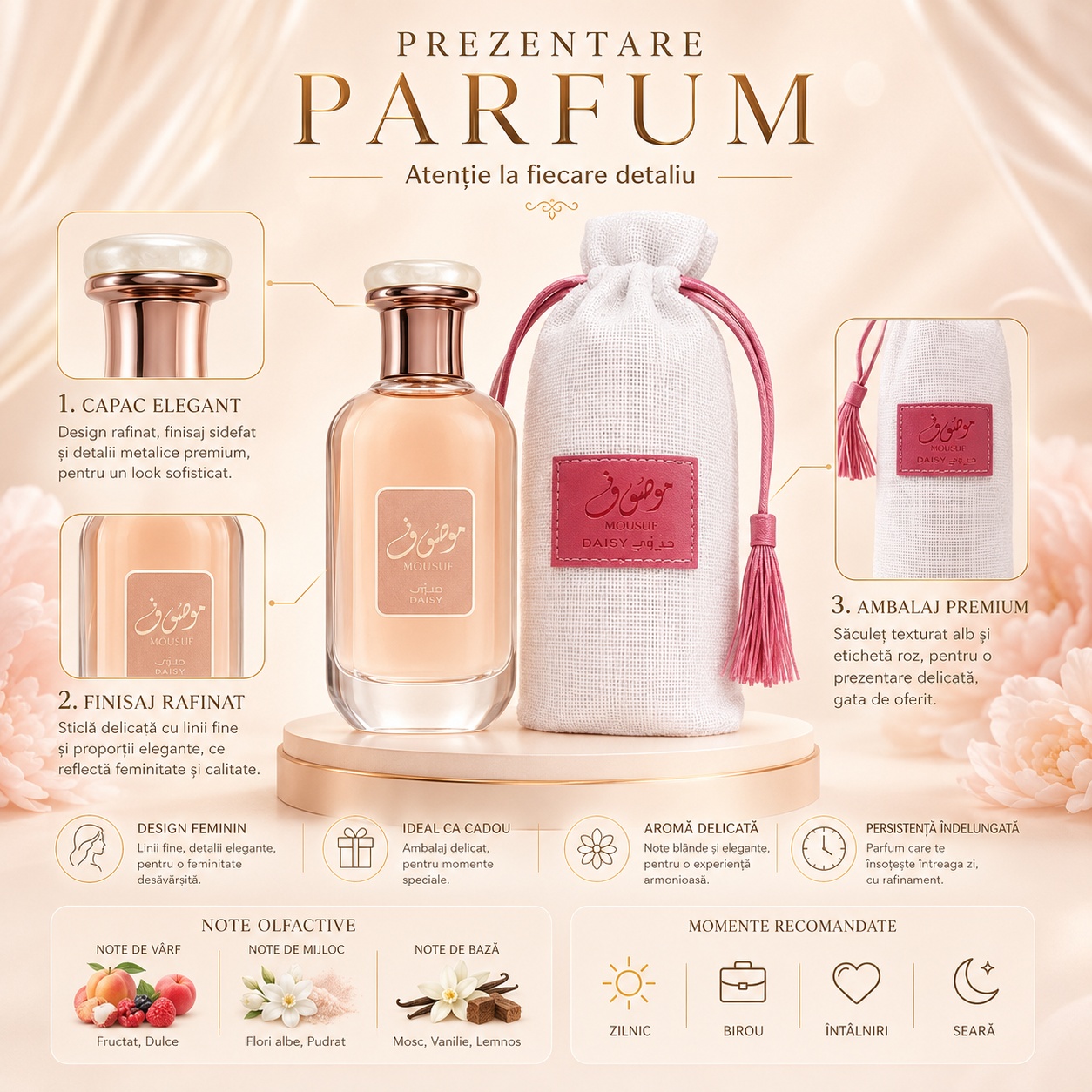 Prezentare parfum Ard Al Zaafaran Mousuf Daisy cu capac elegant, finisaj rafinat, ambalaj premium și note olfactive