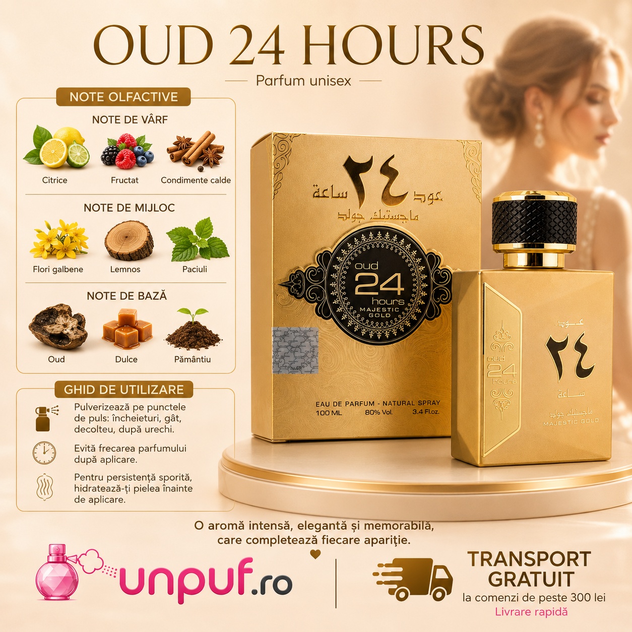Oud 24 Hours Majestic Gold parfum unisex cu note citrice, fructate, condimente calde, flori galbene, lemnos, patchouli, oud și dulce