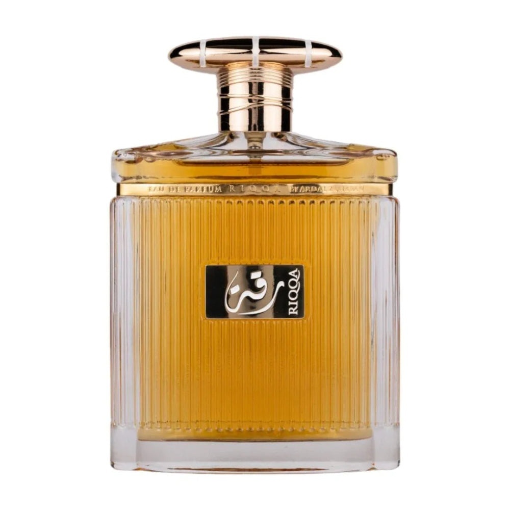 Flacon original Riqqa Ard Al Zaafaran 100 ml parfum arăbesc unisex cu lichid auriu și sticlă striată