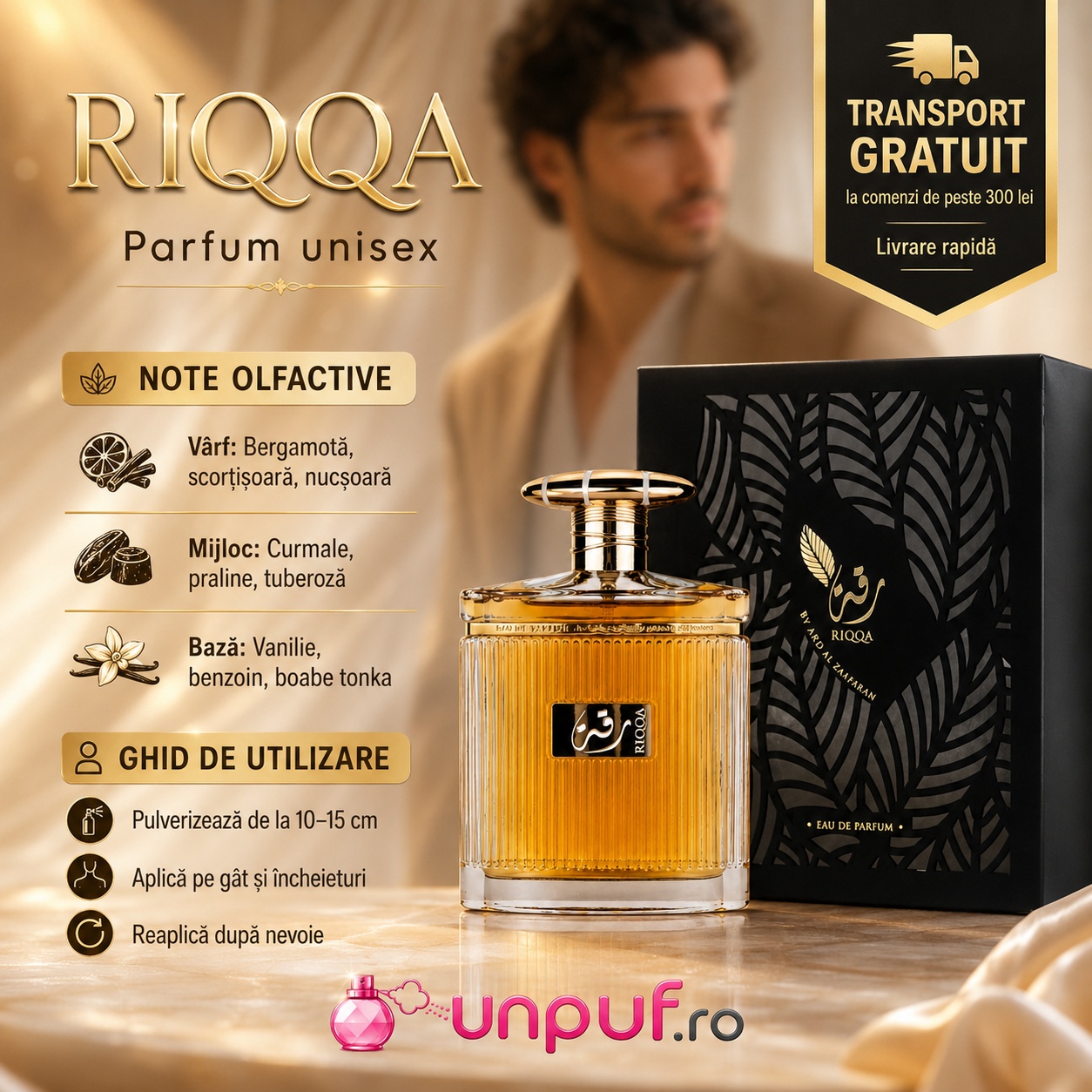 Riqqa parfum unisex cu note olfactive de bergamotă, scorțișoară, nucșoară, curmale, praline, tuberoză, vanilie, benzoin și boabe tonka