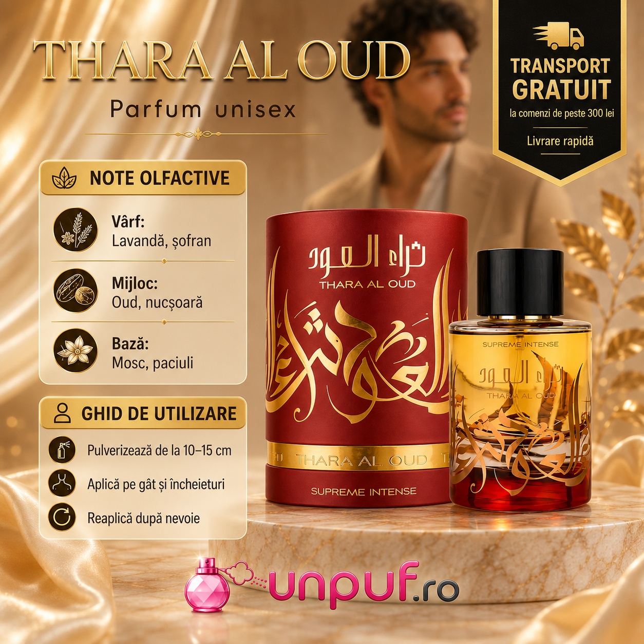 Thara Al Oud Supreme Intense note olfactive lavandă, șofran, oud, nucșoară, mosc și paciuli, ghid de utilizare