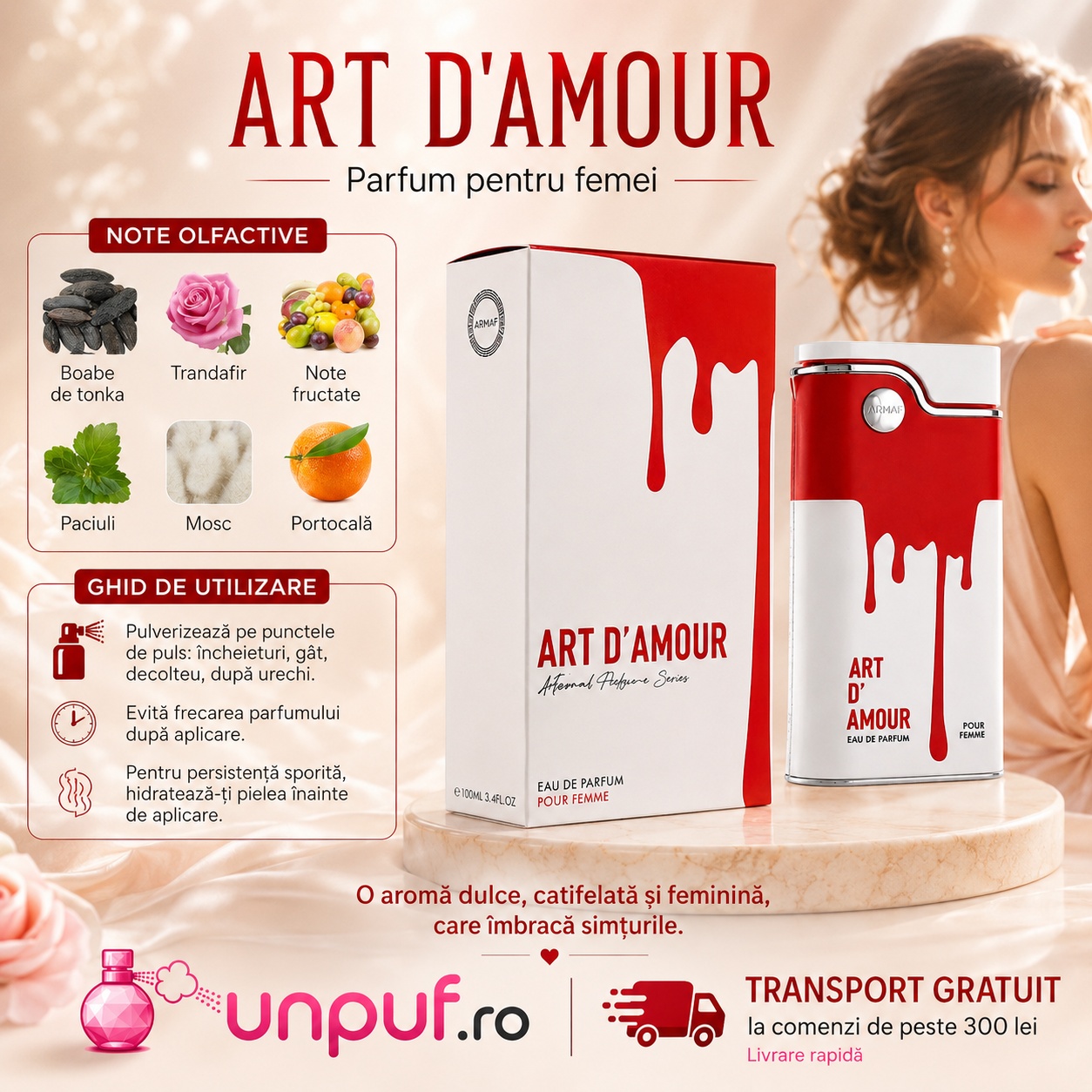 Armaf Art D&rsquo;Amour parfum pentru femei cu boabe de tonka, trandafir, note fructate, paciuli, mosc și portocală