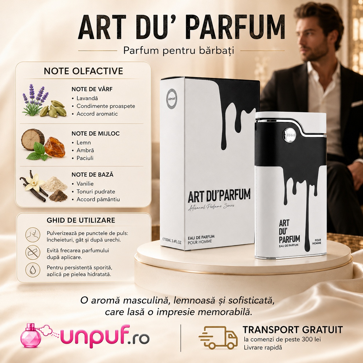 Armaf Art Du&rsquo;Parfum note olfactive cu lavandă, condimente proaspete, acord aromatic, lemn, ambră, paciuli, vanilie și tonuri pudrate