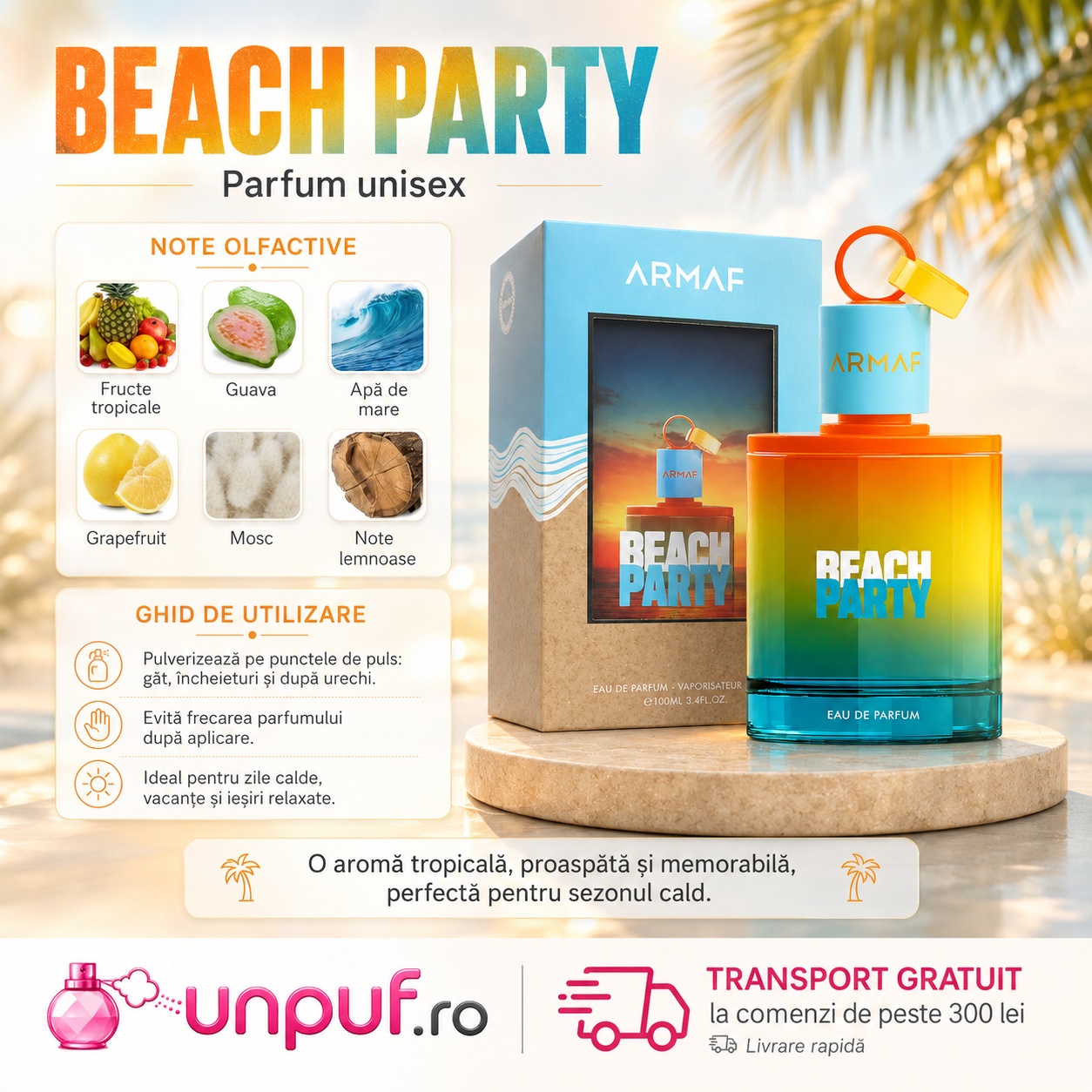 Beach Party parfum unisex cu fructe tropicale guava apă de mare grapefruit mosc și note lemnoase