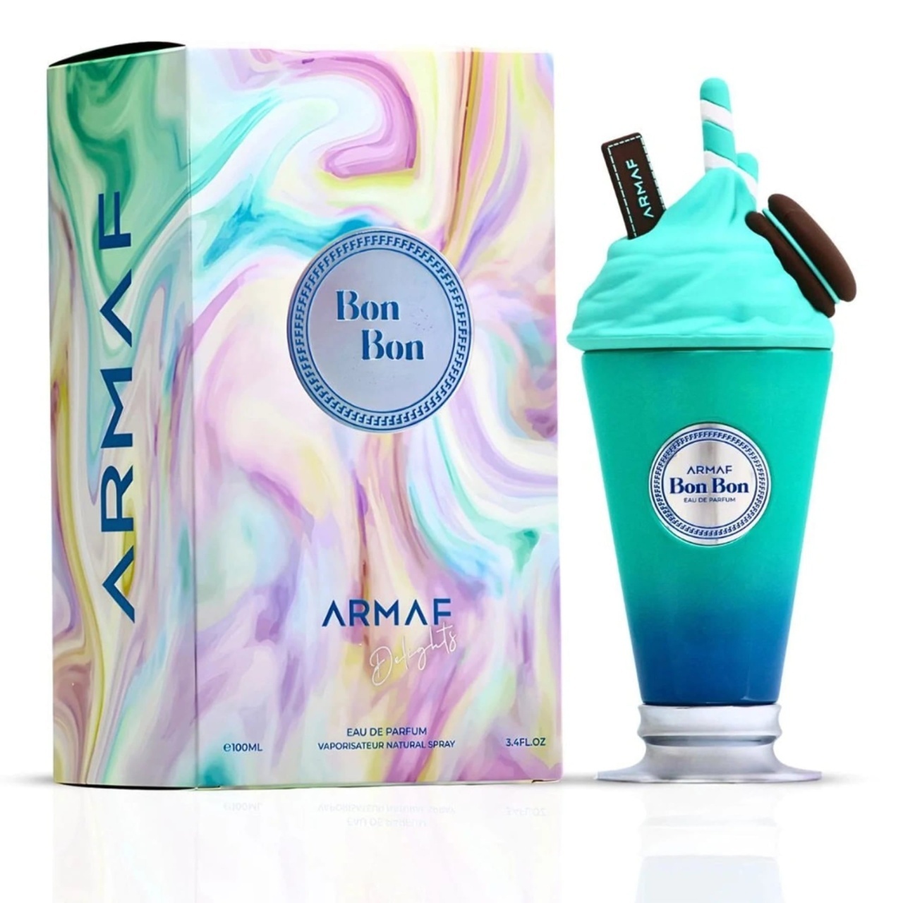 Cutie originală Armaf Bon Bon 100 ml și flacon parfum unisex turcoaz cu design de desert