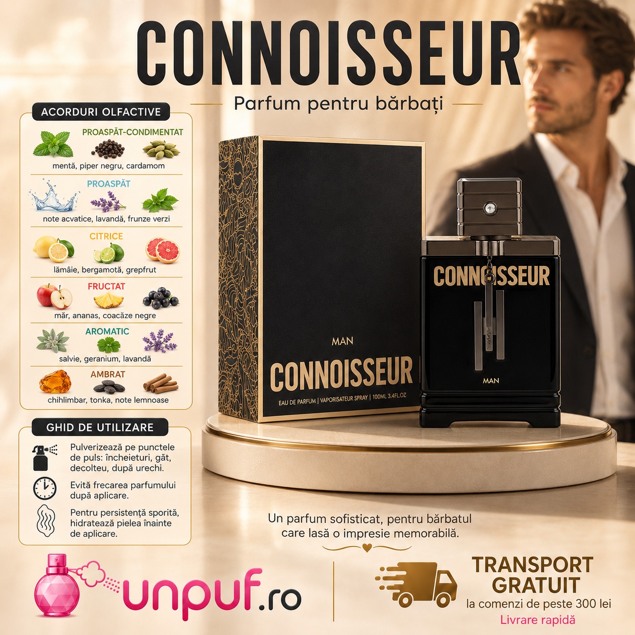 Note olfactive și ghid de utilizare Armaf Connoisseur For Him 100 ml cu acorduri fresh, condimentate, citrice, aromatice și ambrate