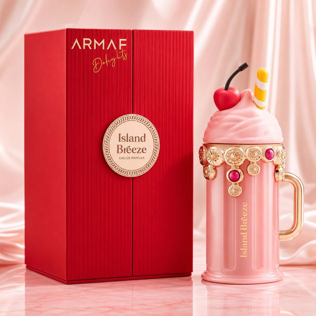 Parfum Arăbesc Armaf Island Breeze 100 ml cu flacon roz &icirc;n formă de desert, capac decorativ și cutie roșie premium