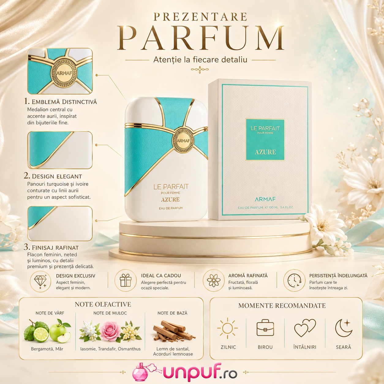 Prezentare Armaf Le Parfait Azure Pour Femme cu bergamotă, măr, iasomie, trandafir, osmanthus, lemn de santal și acorduri lemnoase