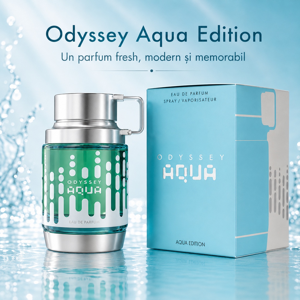 Odyssey Aqua Edition un parfum fresh modern și memorabil cu flacon verde și cutie bleu