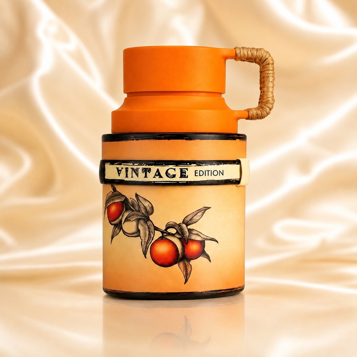 Flacon Armaf Odyssey Mandarin Sky Vintage 100 ml portocaliu cu detaliu Vintage Edition și ilustrație mandarine