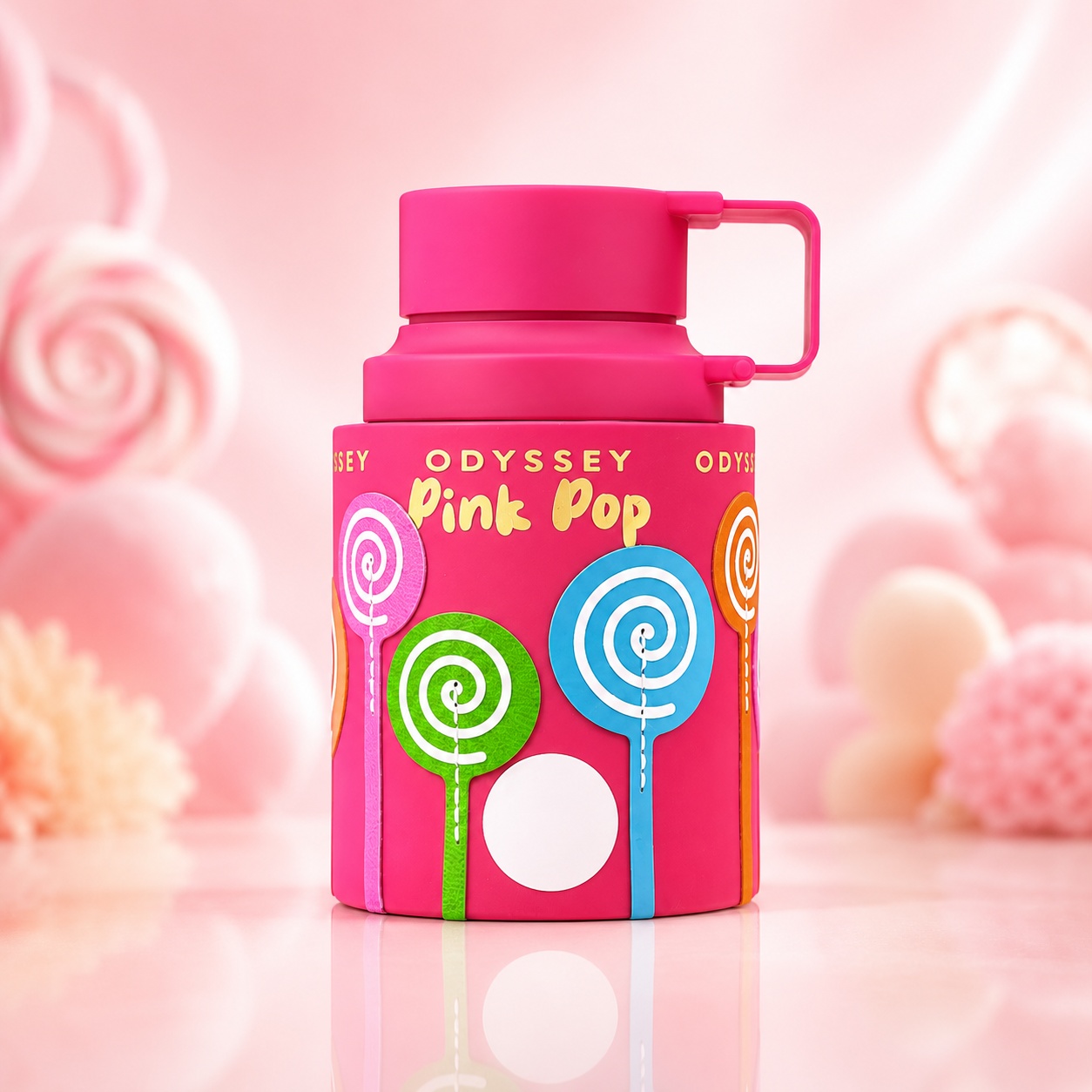 Flacon Armaf Odyssey Pink Pop 100 ml roz intens cu acadele colorate și capac modern