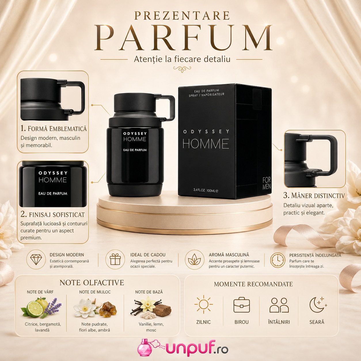 Prezentare Armaf Odyssey Pour Homme cu formă emblematică, finisaj sofisticat, m&acirc;ner distinctiv și parfum persistent
