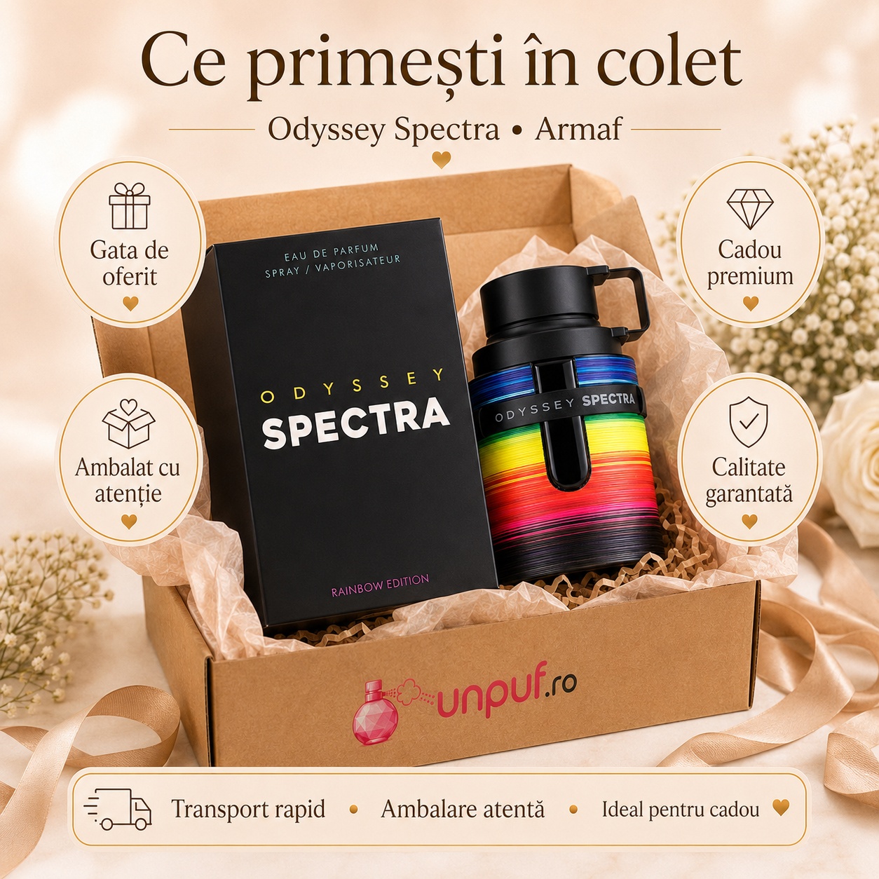Ce primești &icirc;n colet Armaf Odyssey Spectra Rainbow Edition 100 ml parfum original, cutie premium și ambalare atentă