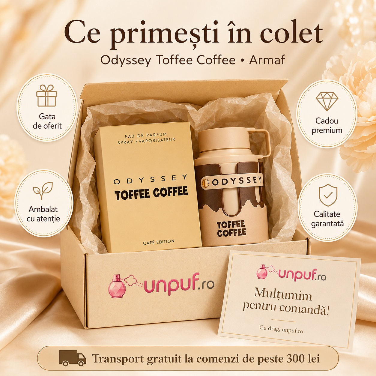 Ce primești &icirc;n colet Armaf Odyssey Toffee Coffee 100 ml parfum original cutie premium și ambalare atentă
