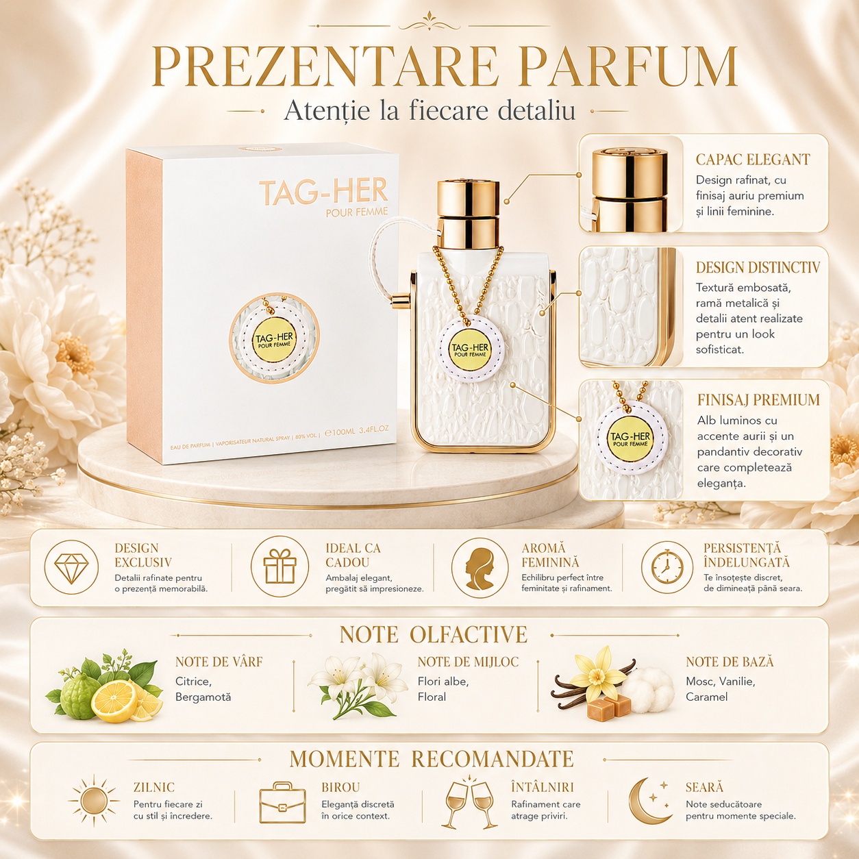 Prezentare Armaf Tag Her cu design exclusiv, capac elegant, finisaj premium, note citrice, bergamotă, flori albe, vanilie, caramel și mosc
