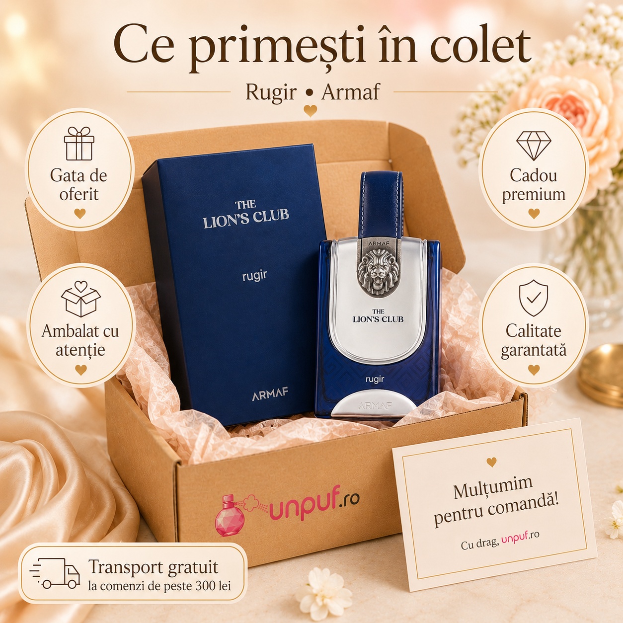 Ce primești &icirc;n colet Armaf The Lion's Club Rugir 100 ml parfum original, cutie premium și ambalare atentă