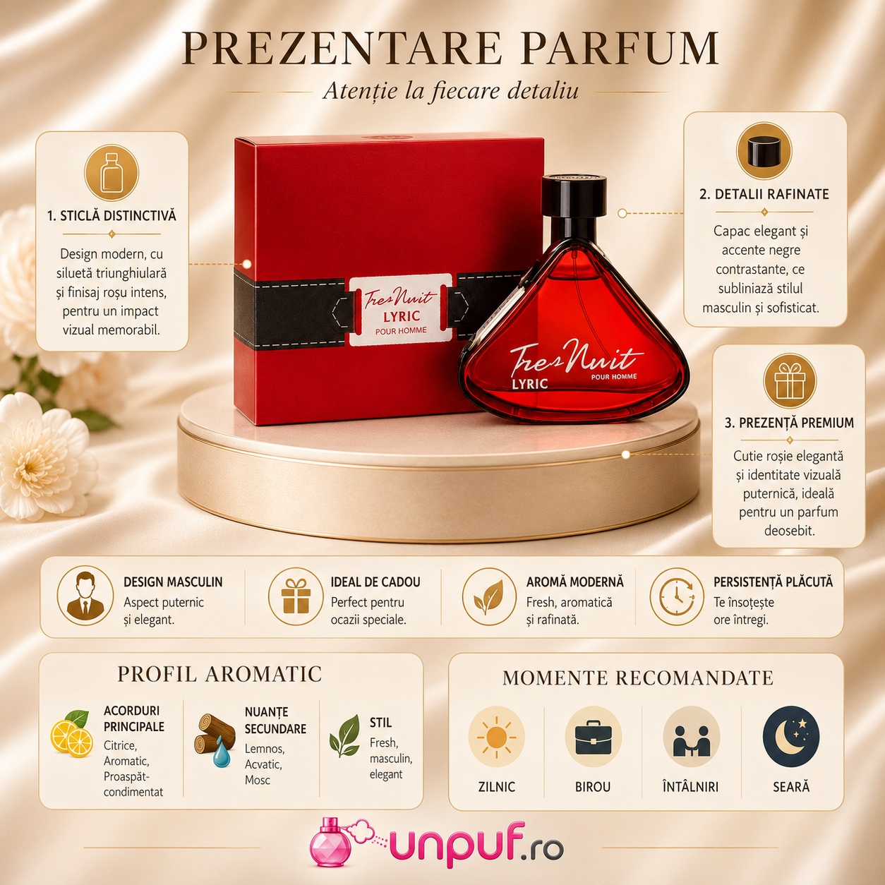 Prezentare Armaf Tres Nuit Lyric cu sticlă distinctivă, detalii rafinate, design masculin și profil aromatic fresh