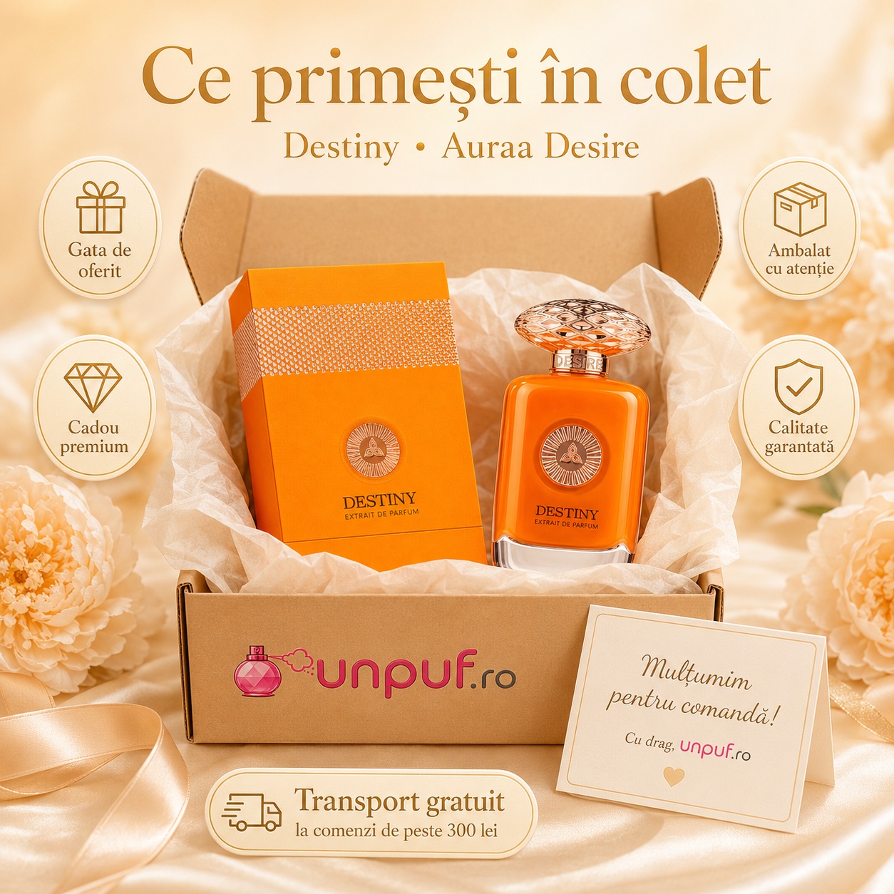 Ce primești în colet la parfumul Auraa Desire Destiny, ambalaj premium UnPuf.ro