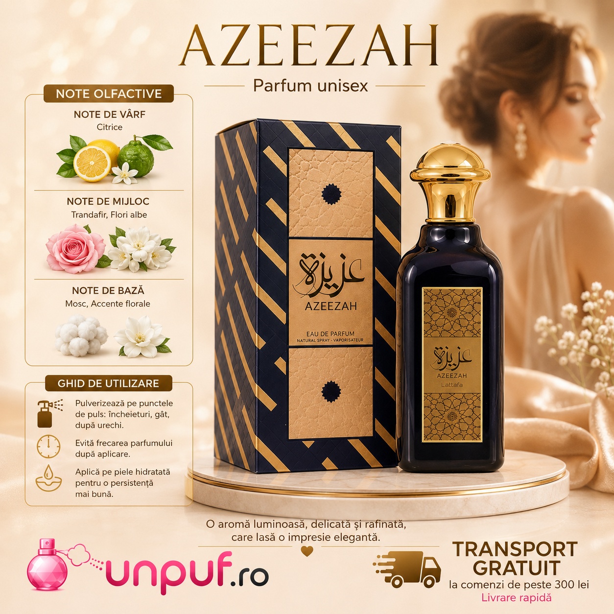 Note olfactive și ghid de utilizare Azeezah Lattafa cu citrice, trandafir, flori albe, mosc și accente florale