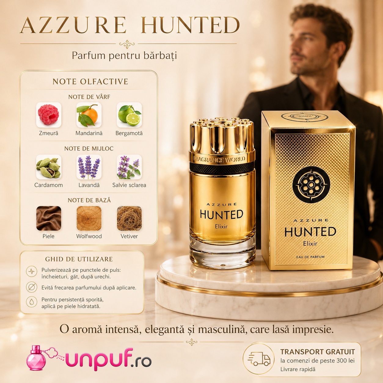 Azzure Hunted parfum pentru bărbați cu zmeură, mandarină, bergamotă, cardamom, lavandă, salvie sclarea, piele, wolfwood și vetiver