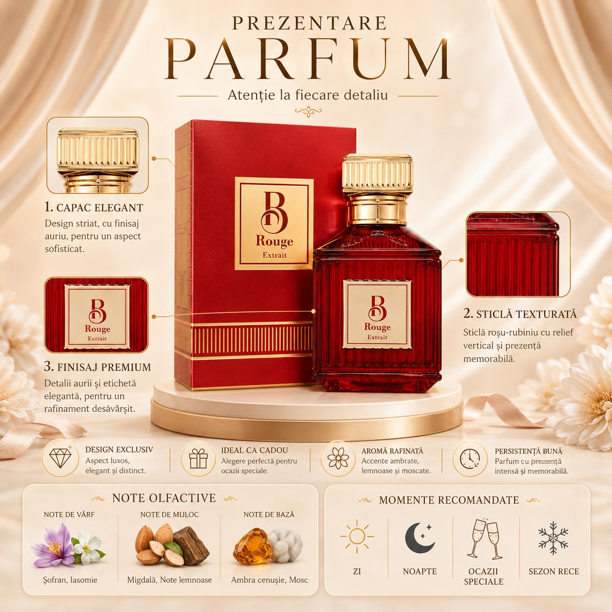 Prezentare parfum B Rouge Extrait Fragrance World cu note olfactive șofran, iasomie, migdală, note lemnoase, ambră cenușie și mosc
