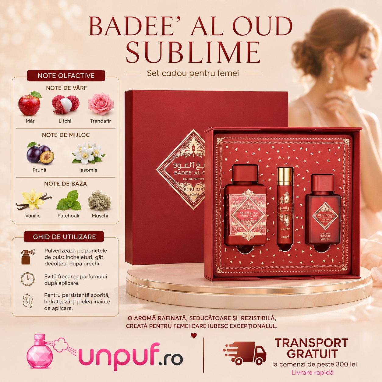 Badee Al Oud Sublime Gift Set cu note olfactive și ghid de utilizare pentru parfumare de durată