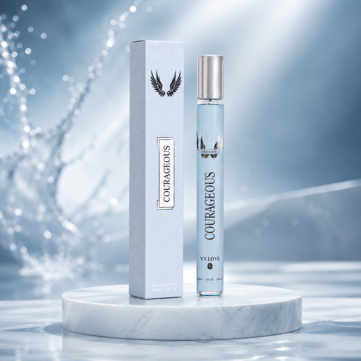 Courageous V.V. Love parfum bărbat 35 ml sticlă albastru deschis cu design elegant și sportiv
