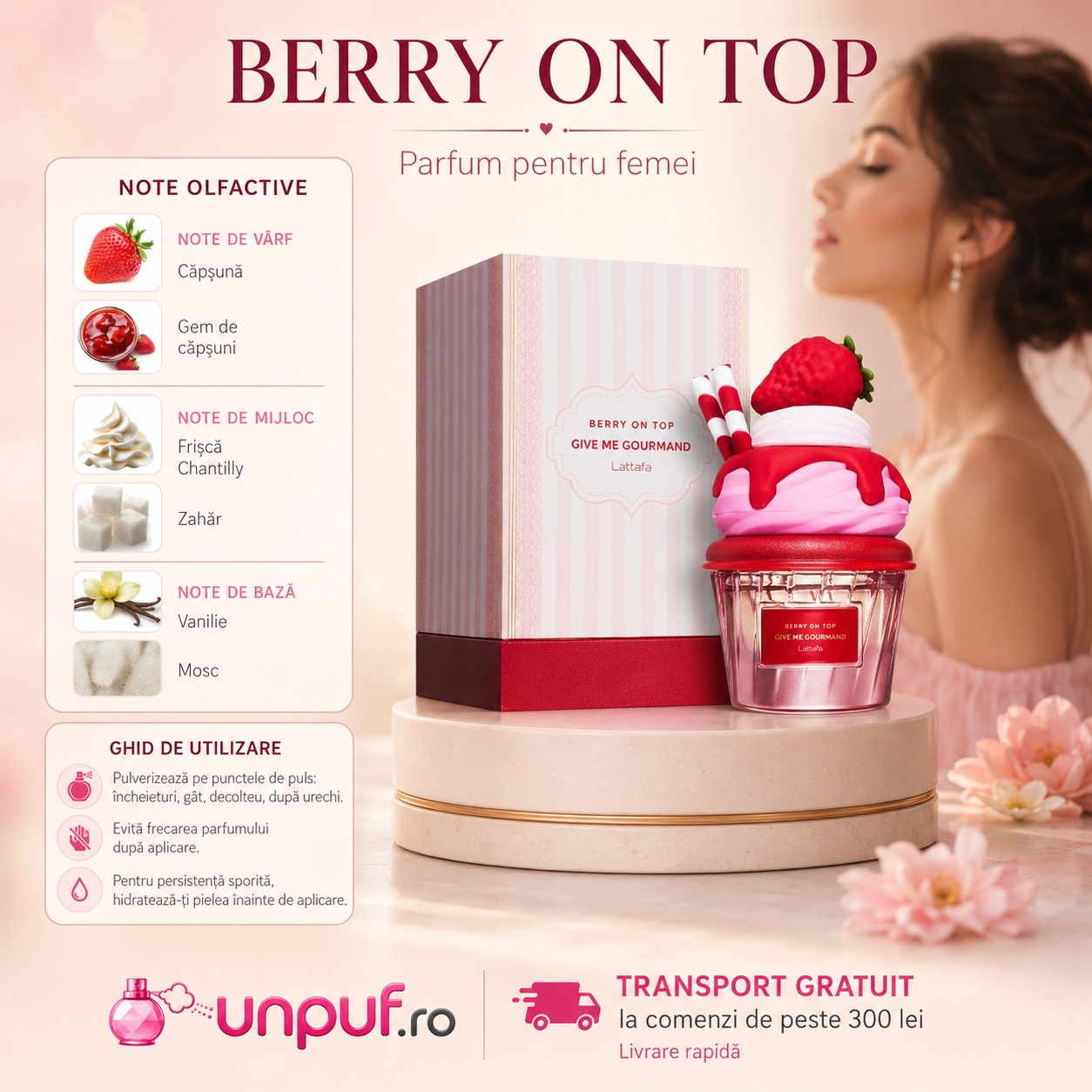 Berry On Top Lattafa parfum pentru femei cu note olfactive căpșună gem de căpșuni frișcă Chantilly zahăr vanilie și mosc