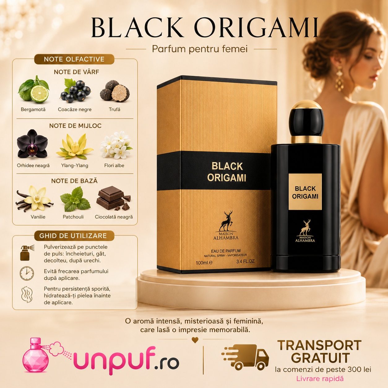 Note olfactive Black Origami Maison Alhambra cu orhidee neagră, ylang ylang, flori albe, vanilie, patchouli și ciocolată