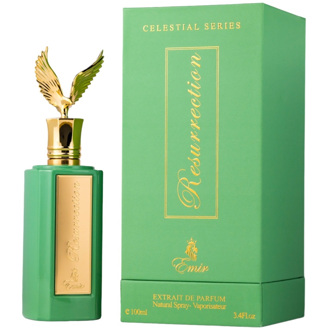Cutie originală Celestial Resurrection Emir 100 ml și flacon verde cu capac auriu &icirc;n formă de aripi