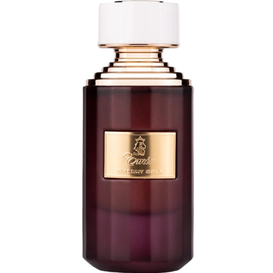 Flacon Cherry Cola Emir 75 ml vișiniu cu etichetă aurie și capac alb pe fundal alb