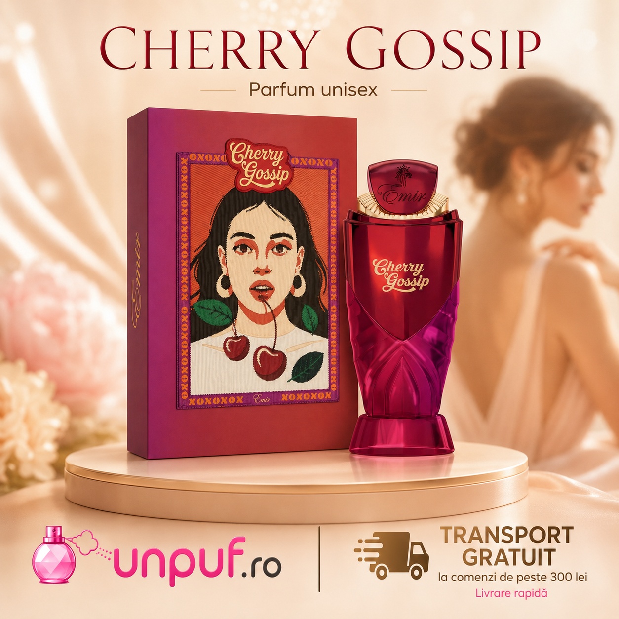 Cherry Gossip parfum cu prezentare premium, flacon roșu fucsia și transport gratuit la comenzi eligibile