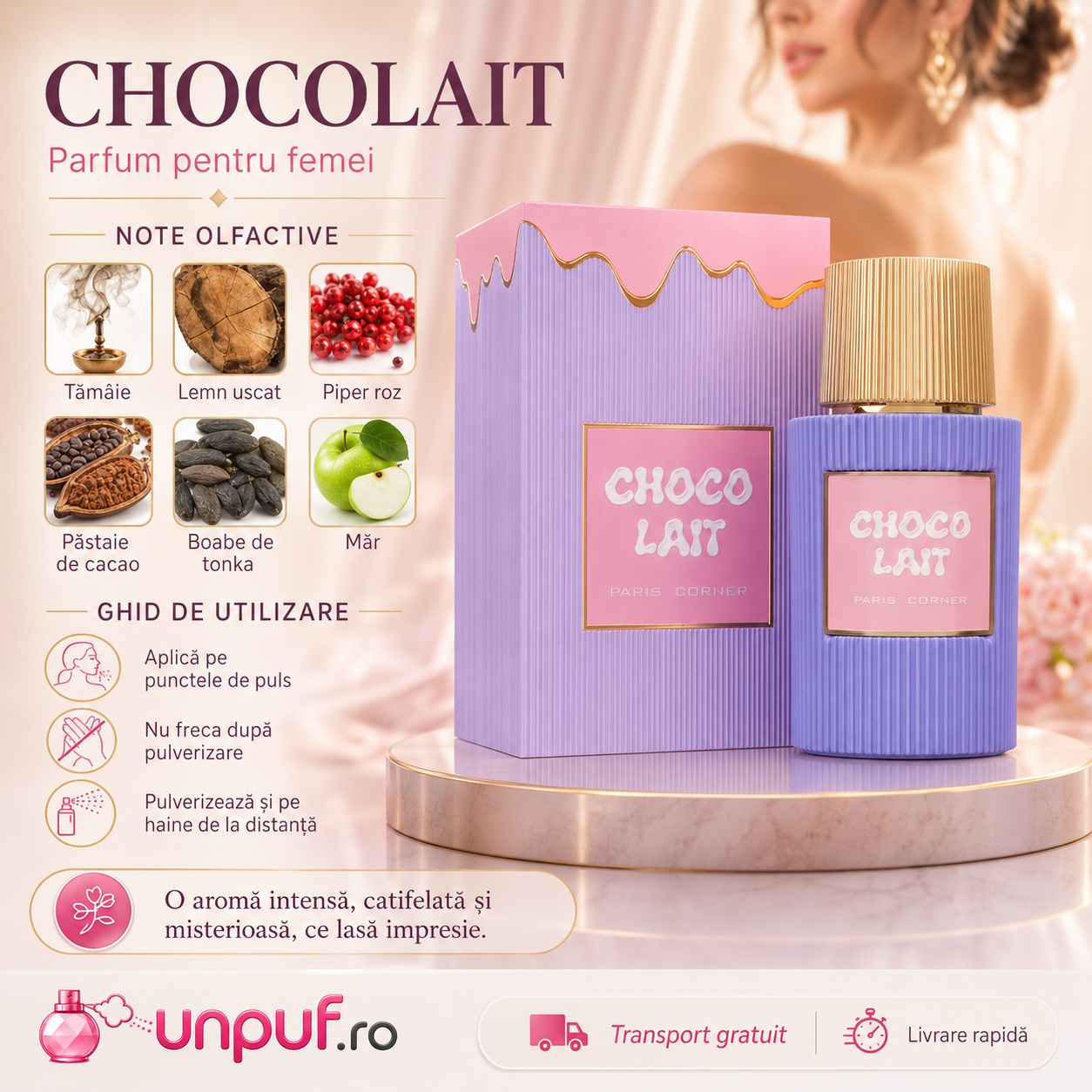 Choco Lait parfum pentru femei cu note de tăm&acirc;ie, lemn uscat, piper roz, păstaie de cacao, boabe de tonka și măr