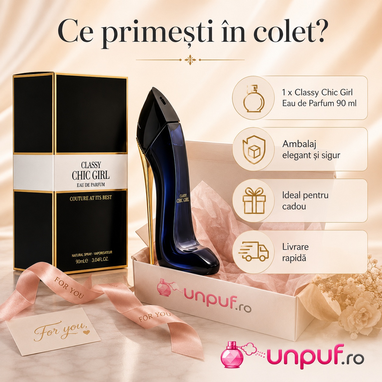 Ce primești &icirc;n colet Classy Chic Girl Fragrance World 90 ml ambalat cu atenție și pregătit pentru cadou