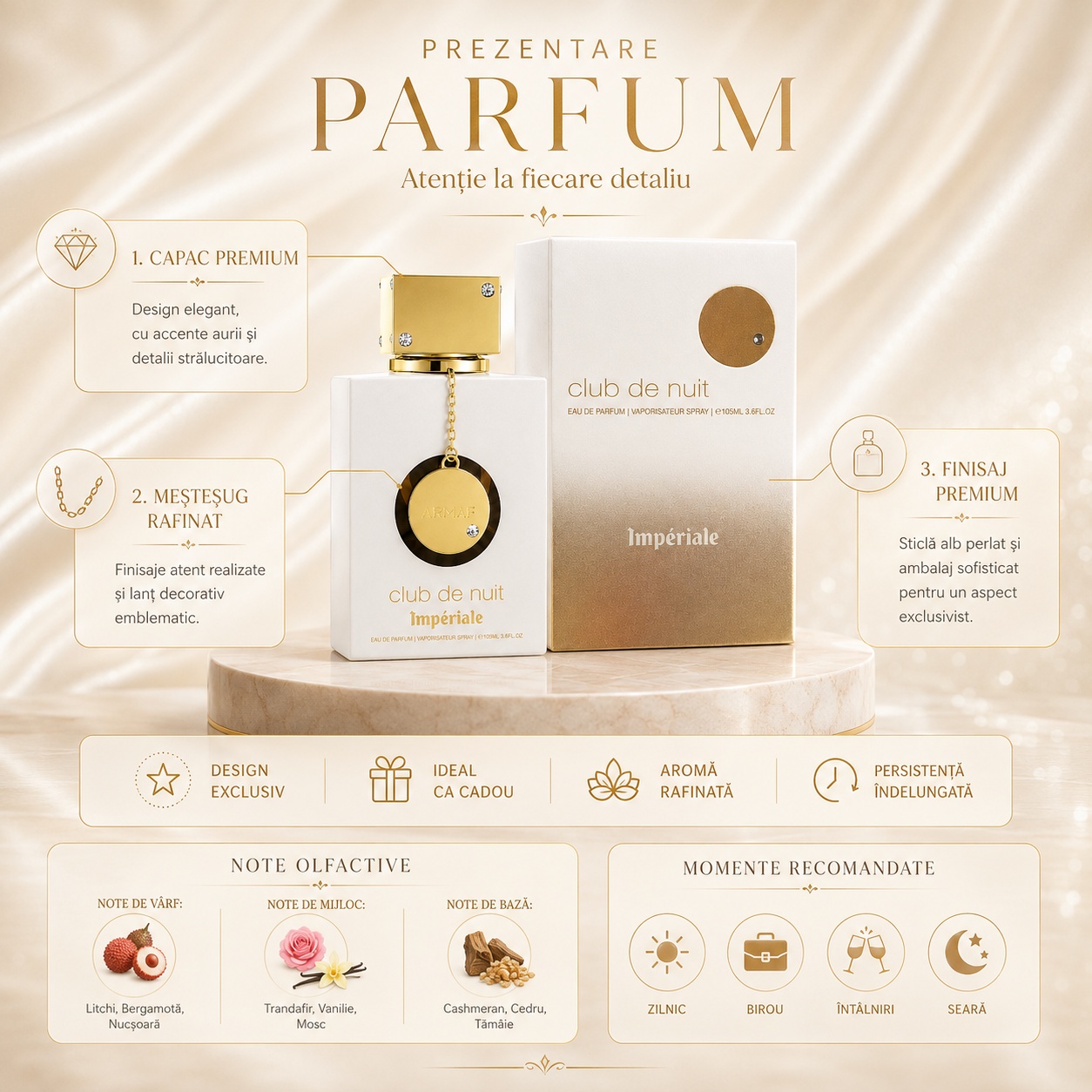 Prezentare Club De Nuit Imperiale White Armaf cu capac premium, meșteșug rafinat, finisaj premium, design exclusiv, aromă rafinată și persistență &icirc;ndelungată