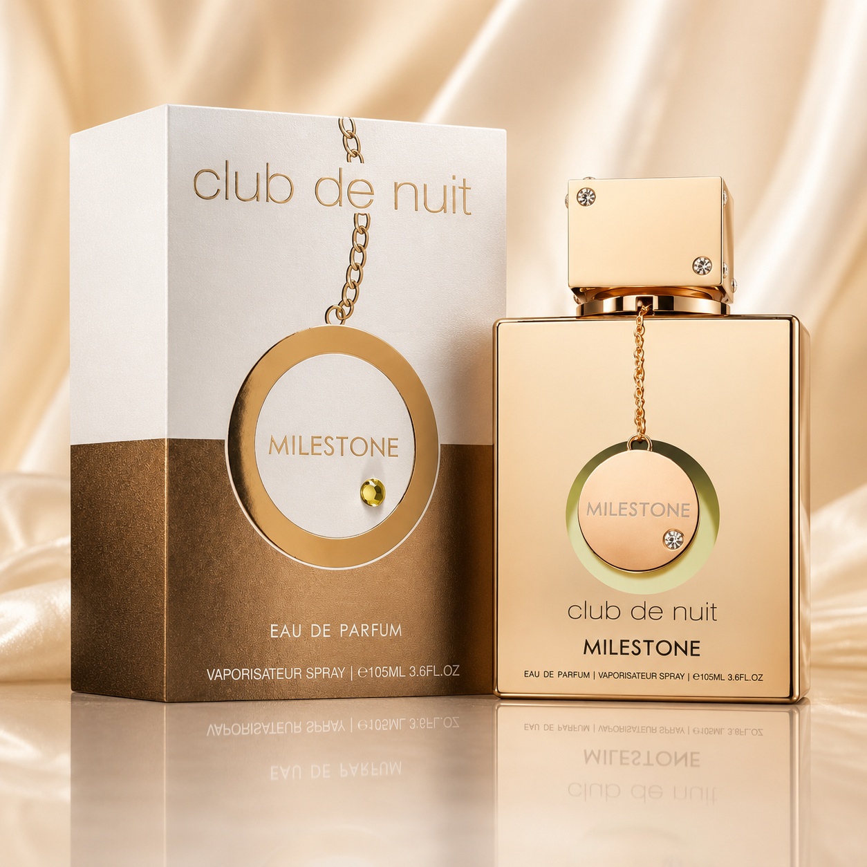 Parfum Arăbesc Club De Nuit Milestone Armaf 105 ml cu flacon champagne auriu și cutie alb maronie premium